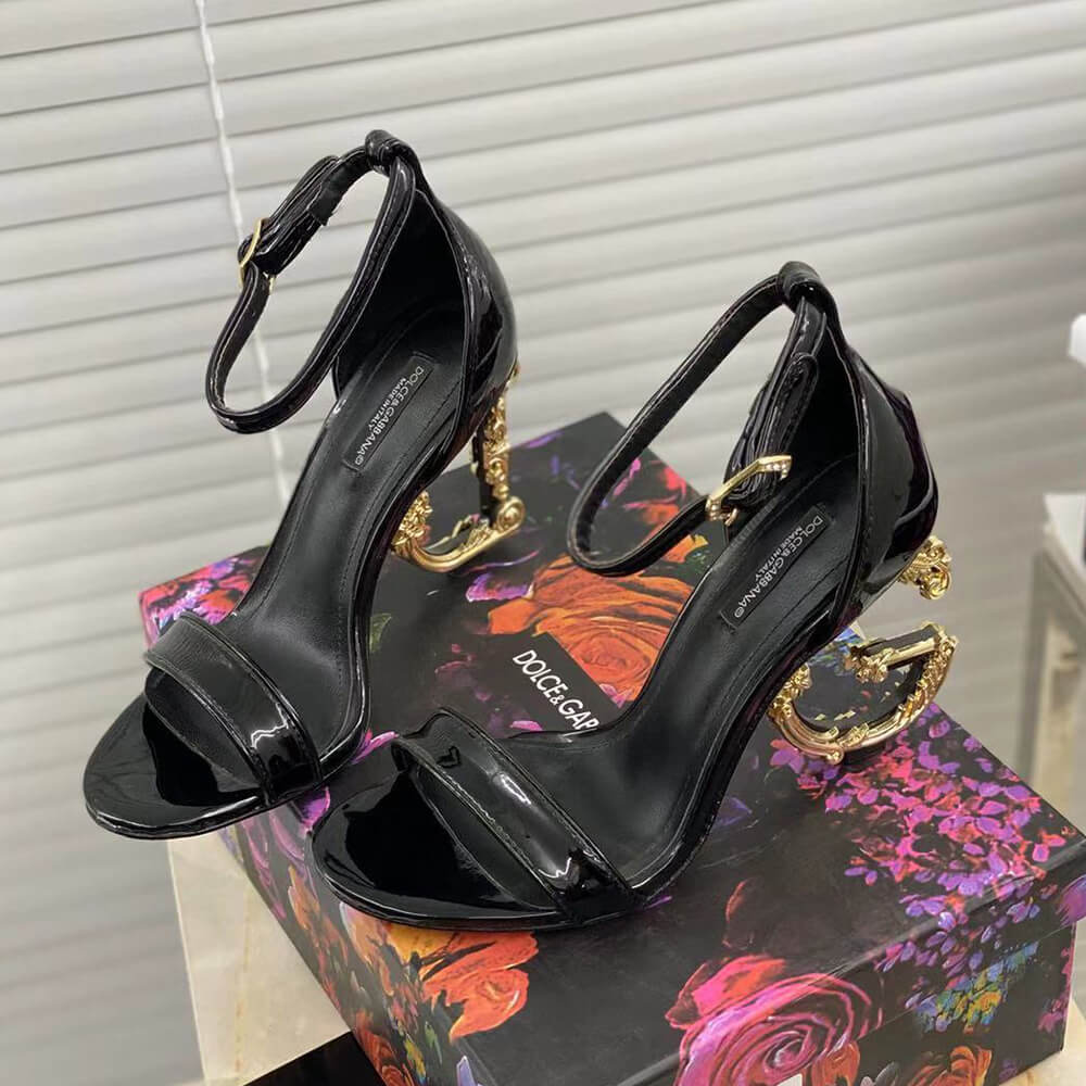 DOLCE & GBBANA Polished calfskin sandals with DG baroque heel